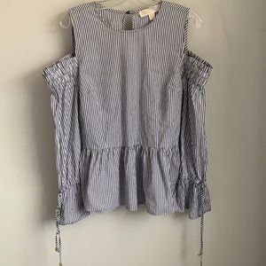 MICHAEL KORS Blue and White Striped Blouse With Open Shoulders and Peplum Style